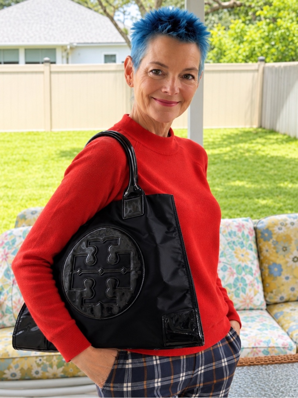 Tory Burch Ella Large Black Nylon Patent Logo Tote | Work Travel